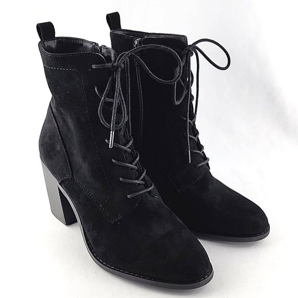 Forever 21 Black Faux Suede Heeled Lace Up Ankle Boots Side Zipper Size 7.5 - Picture 3 of 16